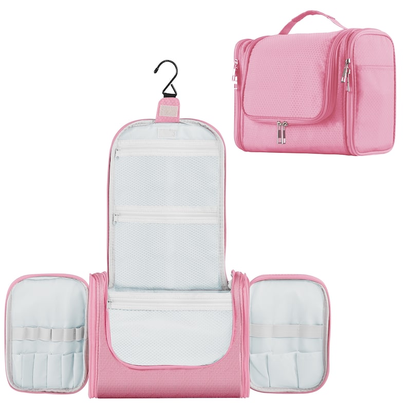 Large Hanging Toiletry Bag for Travel & Daily Use, Water-Resistant Dopp Kit for Makeup, Shaving, Toiletries - Pink