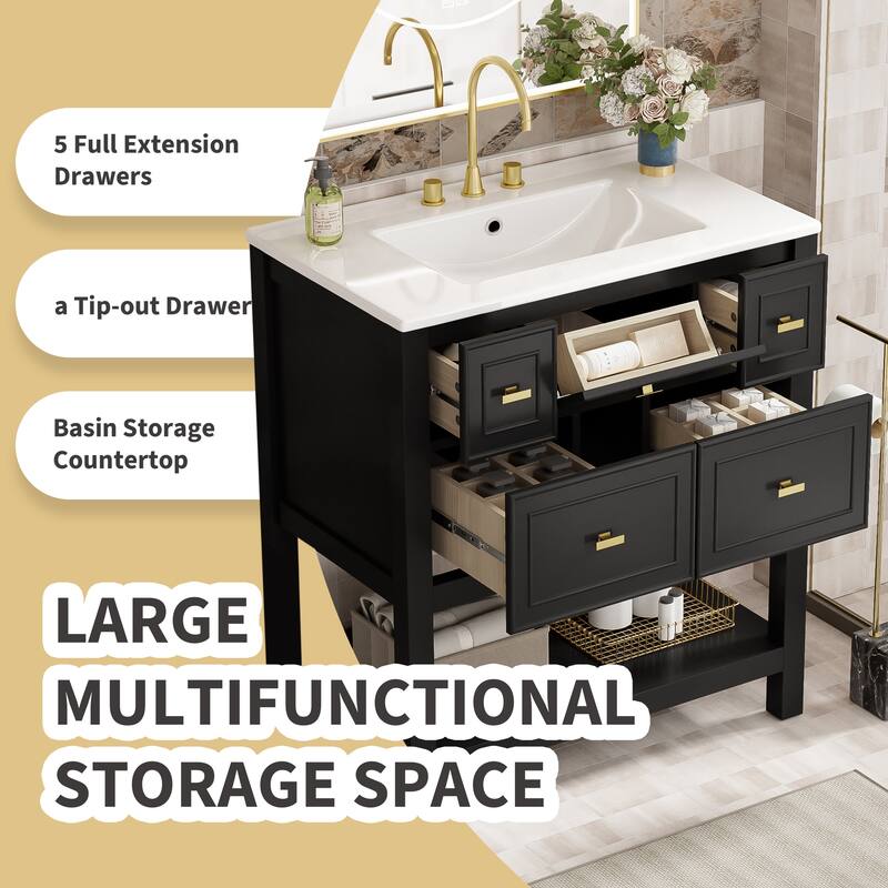 Bathroom Vanity with Ceramic Sink, Bathroom Storage Cabinet with 5 Drawers, Bathroom Vanity Set with Open Shelf