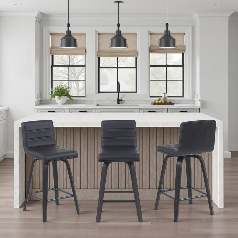 Skara Mid-Century Swivel Counter Stool, Upholstered Counter Height Chair with Bentwood Legs - Black Faux Leather  & Black - Set of 3