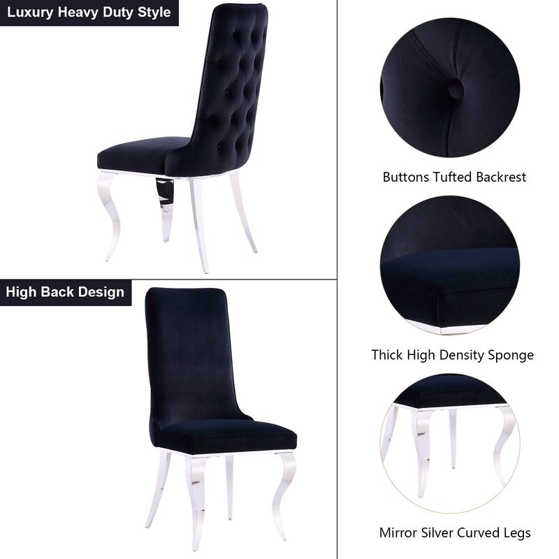 Silver Dining Room Table Set with 65 inch Table and Black Velvet Dining Chairs