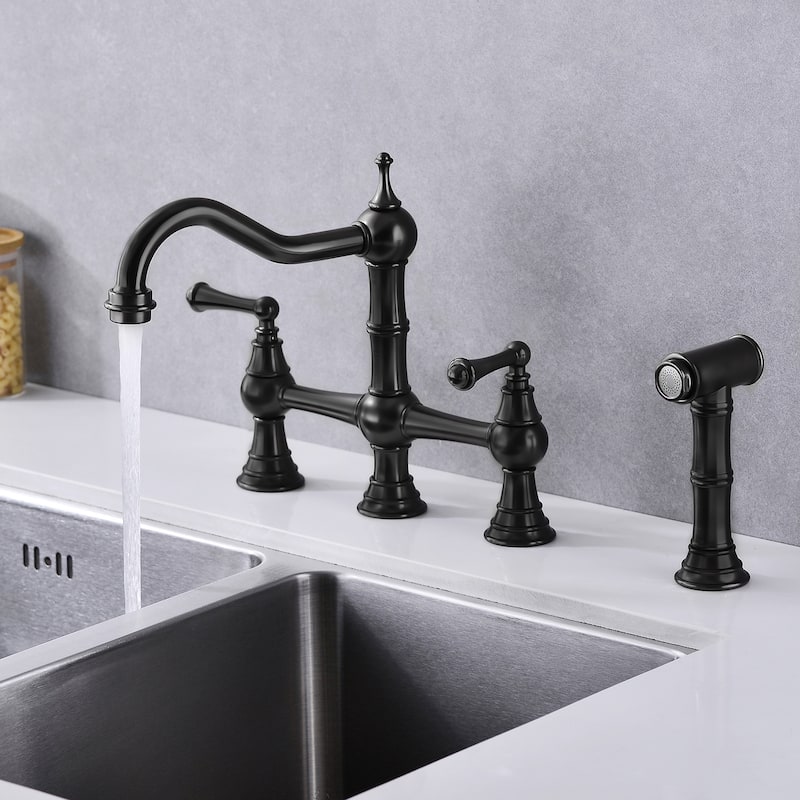 Two-Handles Bridge Kitchen Faucet with Side Sprayer - Matte Black