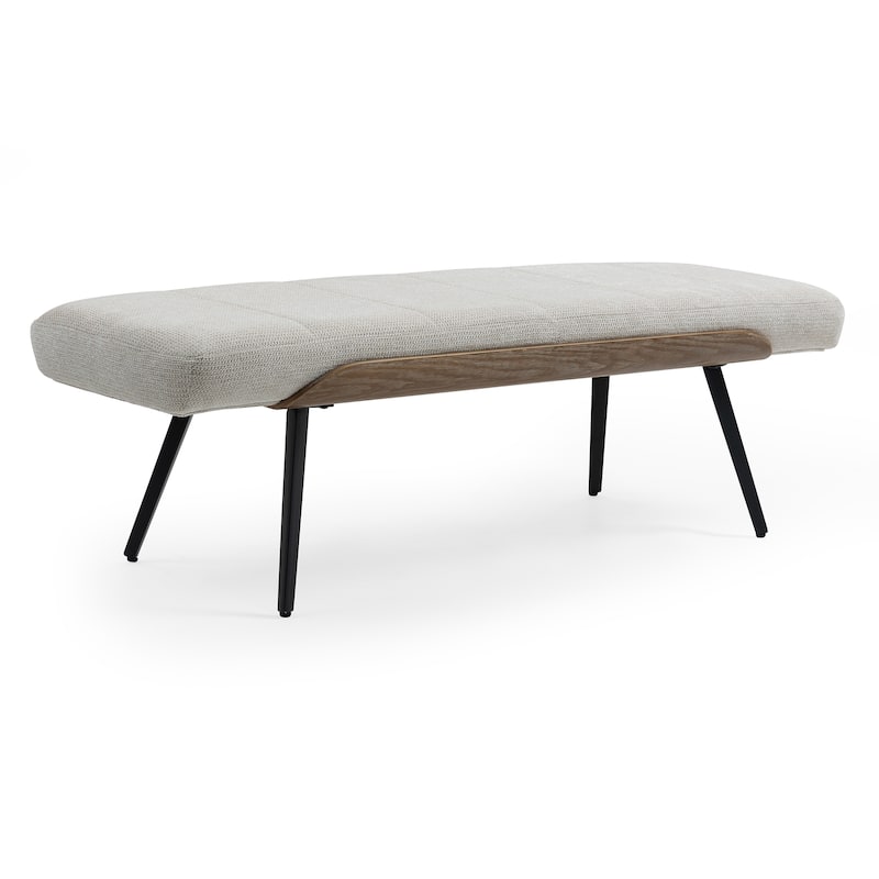 Bevin Beige Washed Woven Fabric Bench with White Washed Wood Accents and Black Iron Legs