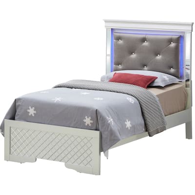 Jewel Tufted Upholstered Panel Twin Bed with LED Light - 80" - Silver Champagne