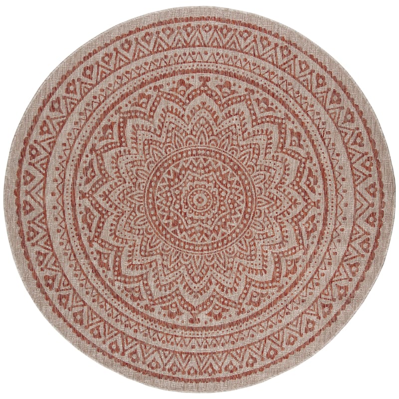 SAFAVIEH Courtyard Fran Mandala Indoor/ Outdoor Waterproof Patio Backyard Rug - 4' Round - Light Beige/Terracotta