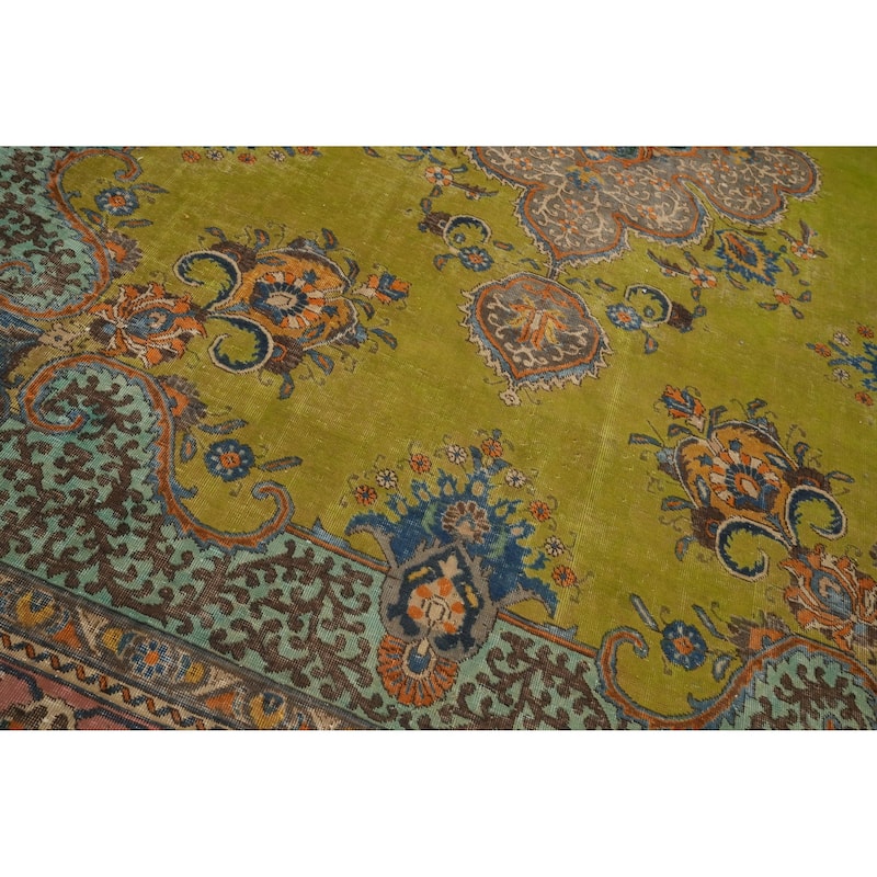 Hand Knotted Oriental 100% Wool Carpet Traditional Medallion Green Tabriz Area Rug - 13' 5'' X 9' 11''