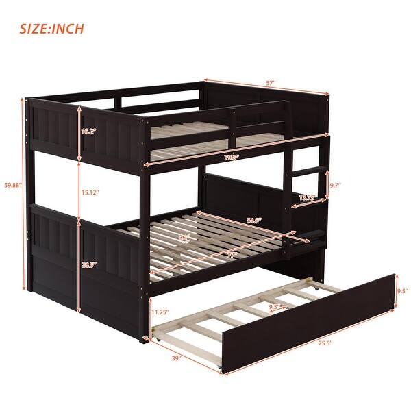 dimension image slide 2 of 4, Full Over Full Bunk Bed With Twin Size Trundle For Bedroom