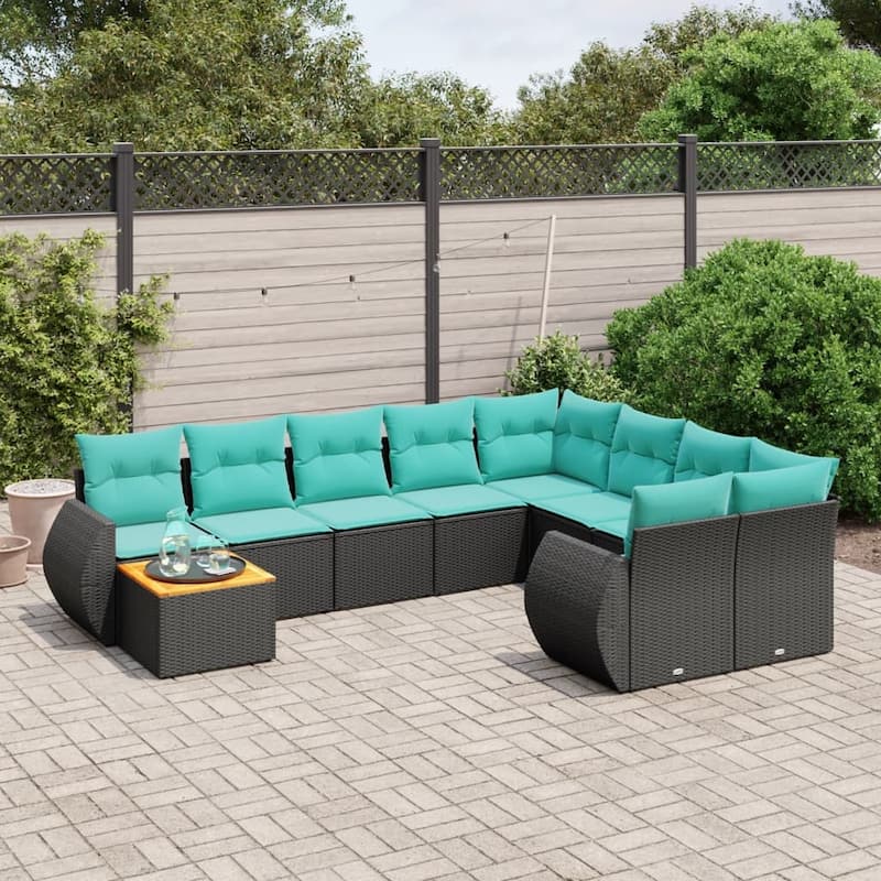 vidaXL 10 Piece Patio Sofa Set with Cushions Black Poly Rattan - 24.4 x 24.4 x 27.2 - Black-Table + 5x middle + 2x corner