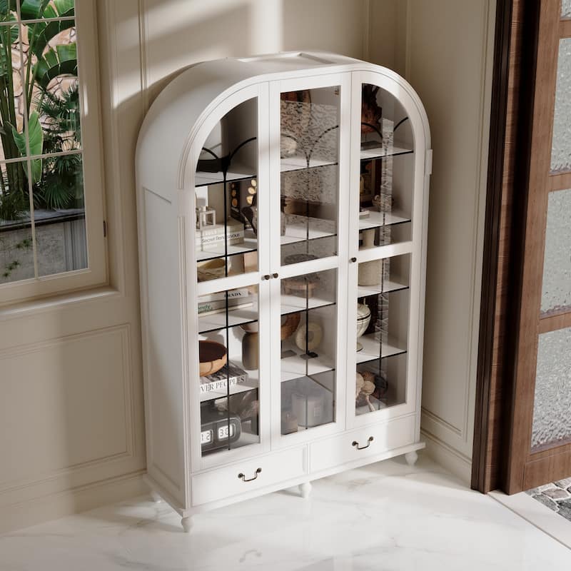 Glass Door Display Cabinet with Storage DrawersBookcase with Wooden Legs