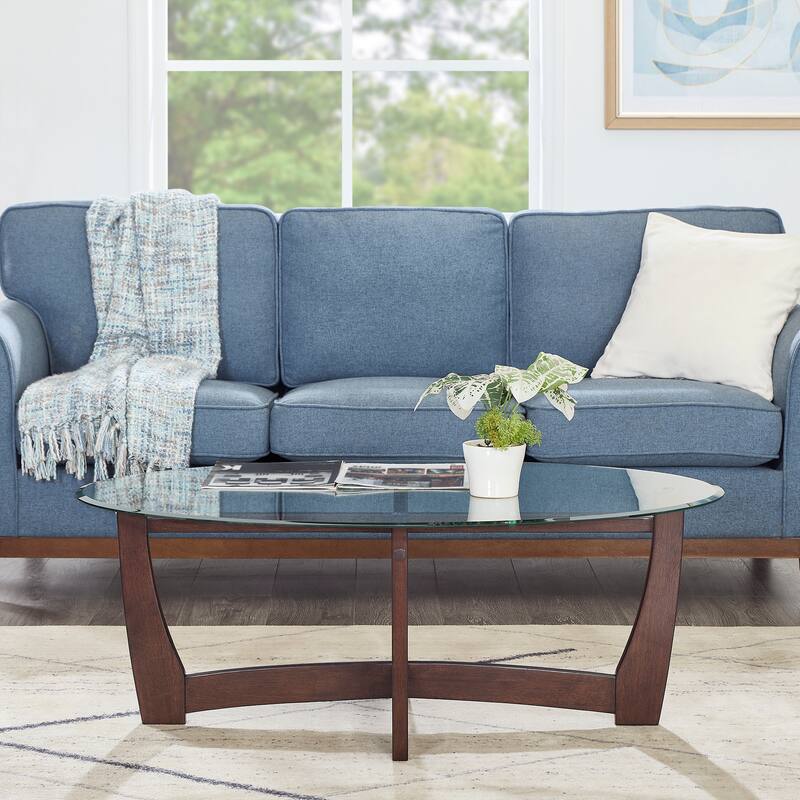 Roomfitters 48-Inch Oval Glass Coffee Table with Metal Frame and Faux Marble MDF Shelf, Modern Center Table, Living Room