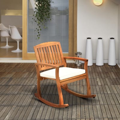 Outsunny Outdoor Patio Acacia Wood Rocking Chair with Cushioned Seat - White 1 PC