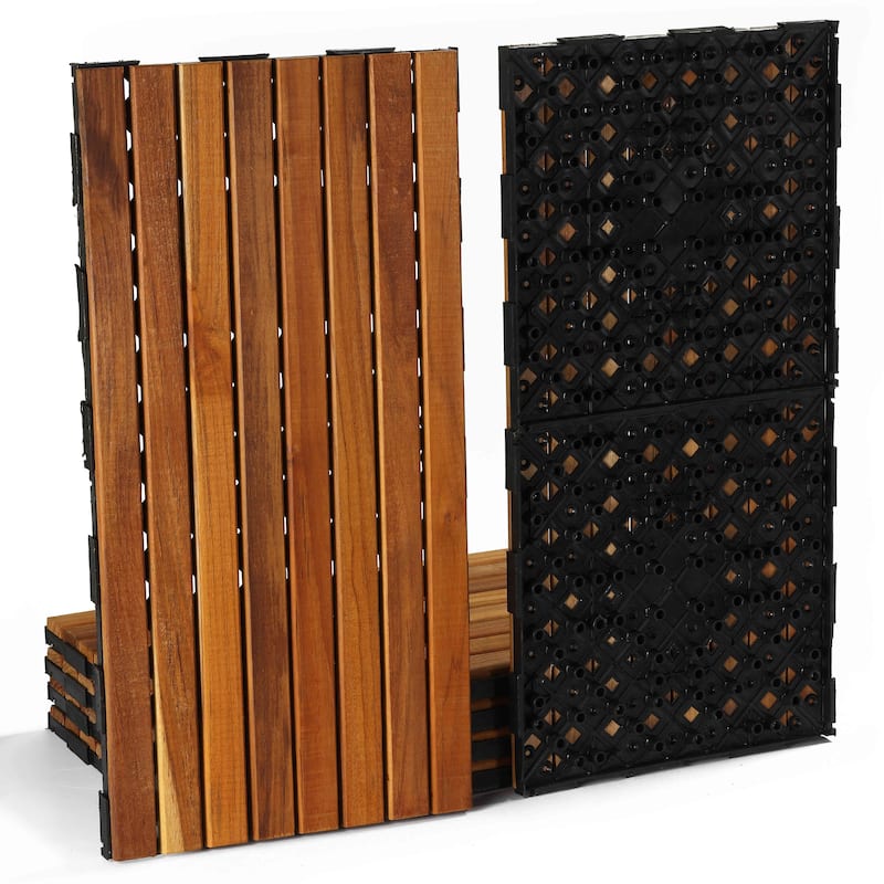 Cortesi Home DIY Interlocking Floor Tiles in Solid Teak Wood (Set of 6) 12x24 each panel, 12 sq ft