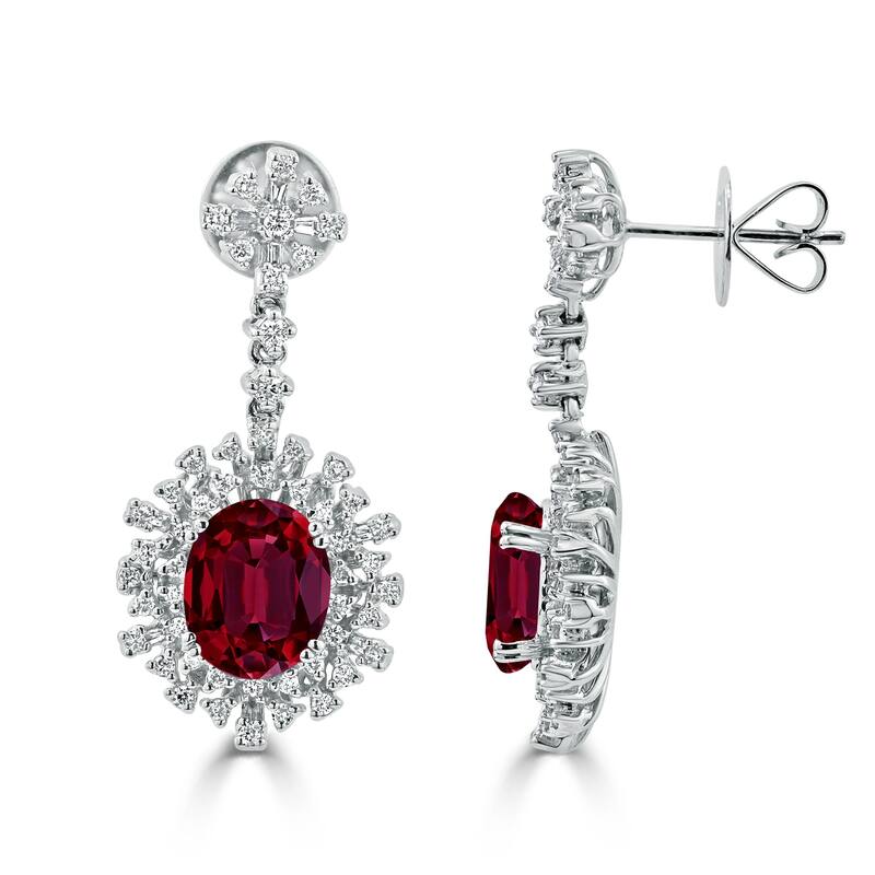 Auriya 5 3/4ct Fancy Oval-cut Red Ruby Halo Diamond Drop Earrings 1 1/3ctw 18k Gold