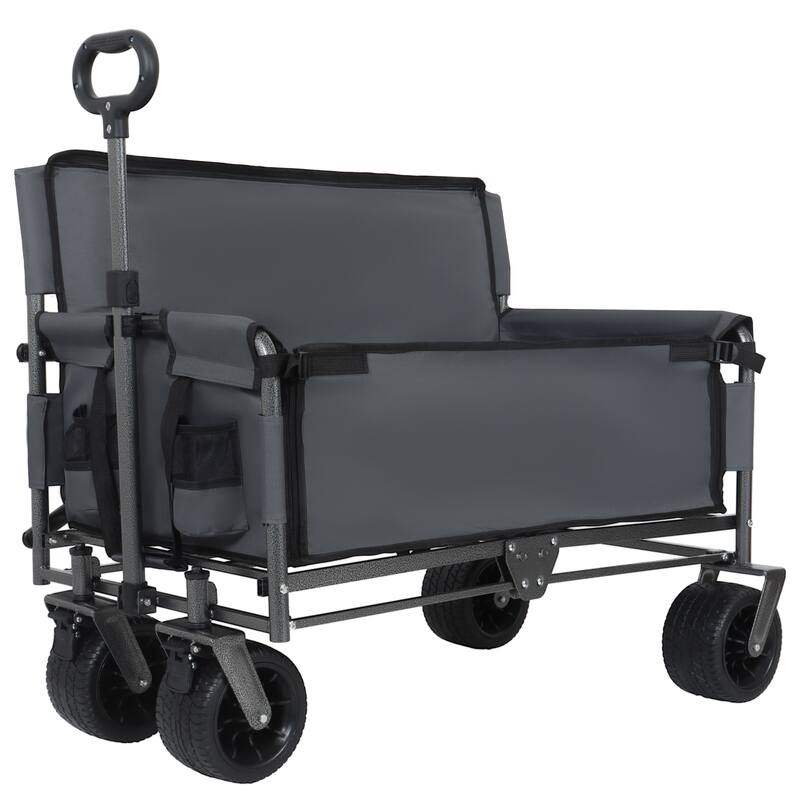 3-In-1 Convertible Folding Wagon Cart With Bench Seat & Storage-500lbs Heavy-Duty Utility Wagon,180l Capacity All-Terrain Wheels - Grey