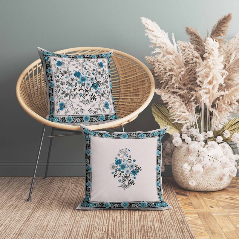 Garden Glory Indoor/Outdoor Reversible Throw Pillow Cyan and Black