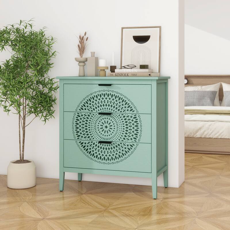 3-Drawer Storage Cabinet with Pine Legs & Metal Handles for Entryway or Bedroom Organization - Light Green