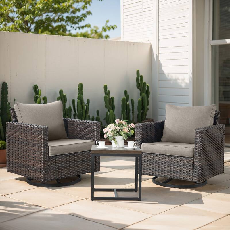 Gymojoy Wicker Swivel Glider Chair with 4 inch Olefin Cushions - 3-Piece with Side Table - Brown Wicker / Grey Cusion