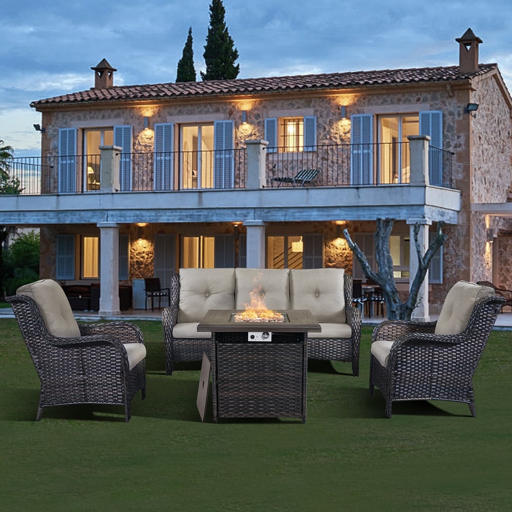 Gymojoy Patio Outdoor Wicker Sofa Set with Fire Pit Table