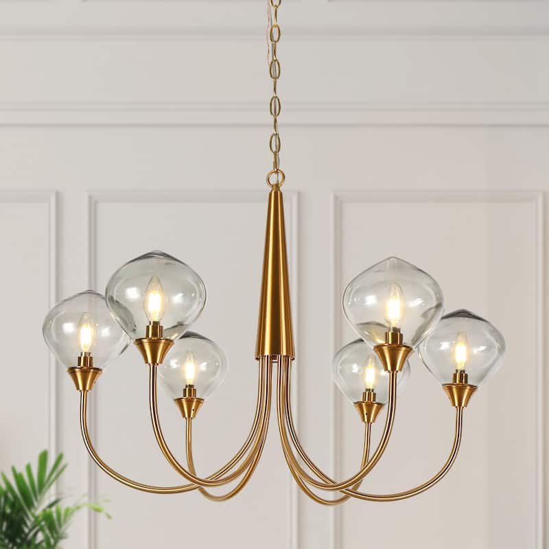 Celesn Modern Gold 6-Light Wheel Chandelier Glass Shade for Dining Living Room - D32" x H23"