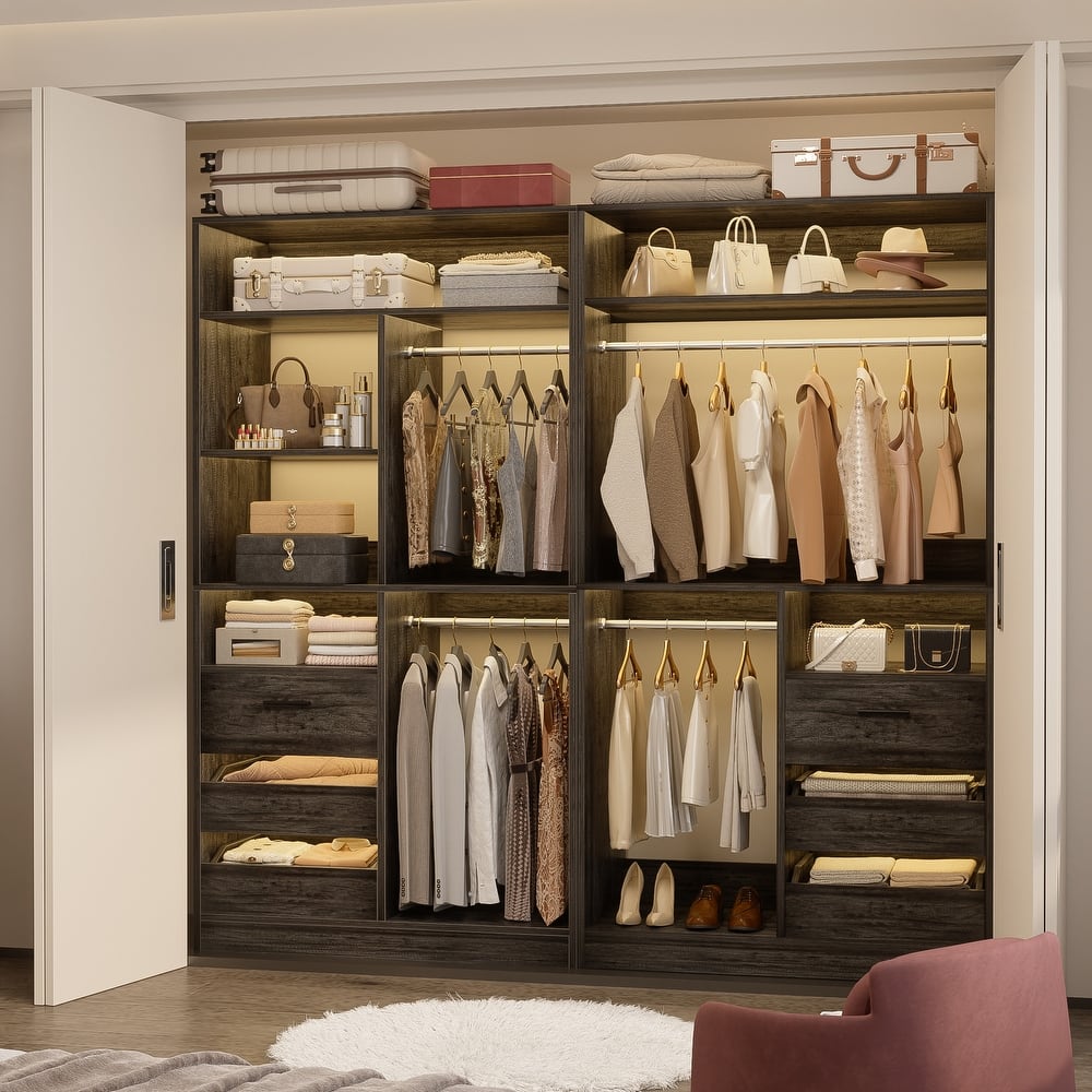 Qvella 72'' Closet System with 6 Wooden Drawers and 4 Hanging Rods, Walk-in Closet Organizer with 10 Storage Shelves