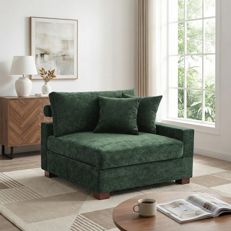 41" W Modern Chenille Corner Arm Accent Chair Sectional Module with Pillows - Right Facing - Green