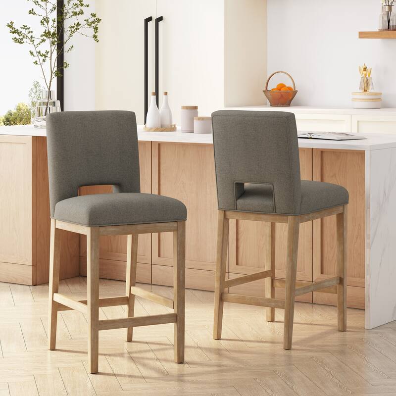 Modern Grey Fabric Bar Stools with Wooden Legs 45.5 Inch Height Upholstered Kitchen Stools Set of 1