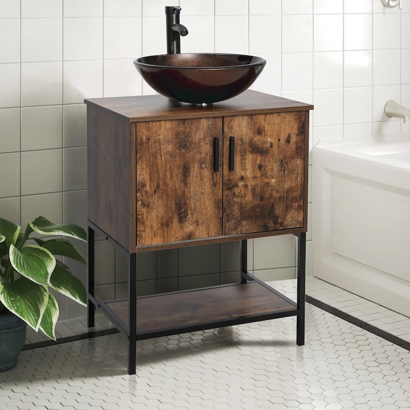 24" Bathroom Vanity Sink Set Brown Free-standing Manufactured Wood with Sink Faucet Drain Combo