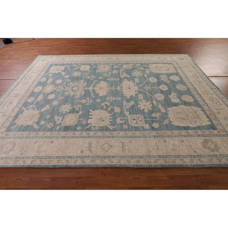 Teal Blue Vegetable Dye Oushak Turkish Rug Hand-Knotted Wool Carpet - 7'10" x 10'6"