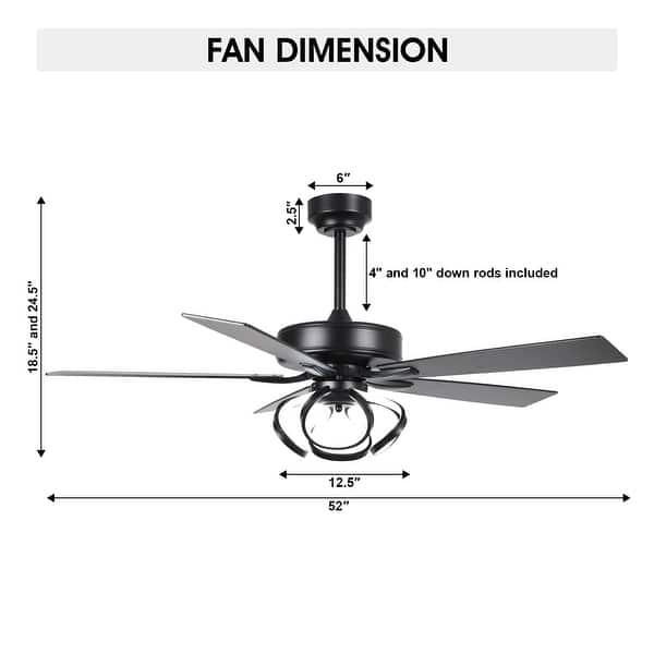 dimension image slide 3 of 5, 52" Modern Chrome/ Black Indoor Ceiling Fan Light with Remote and 5 Resiversible Blades