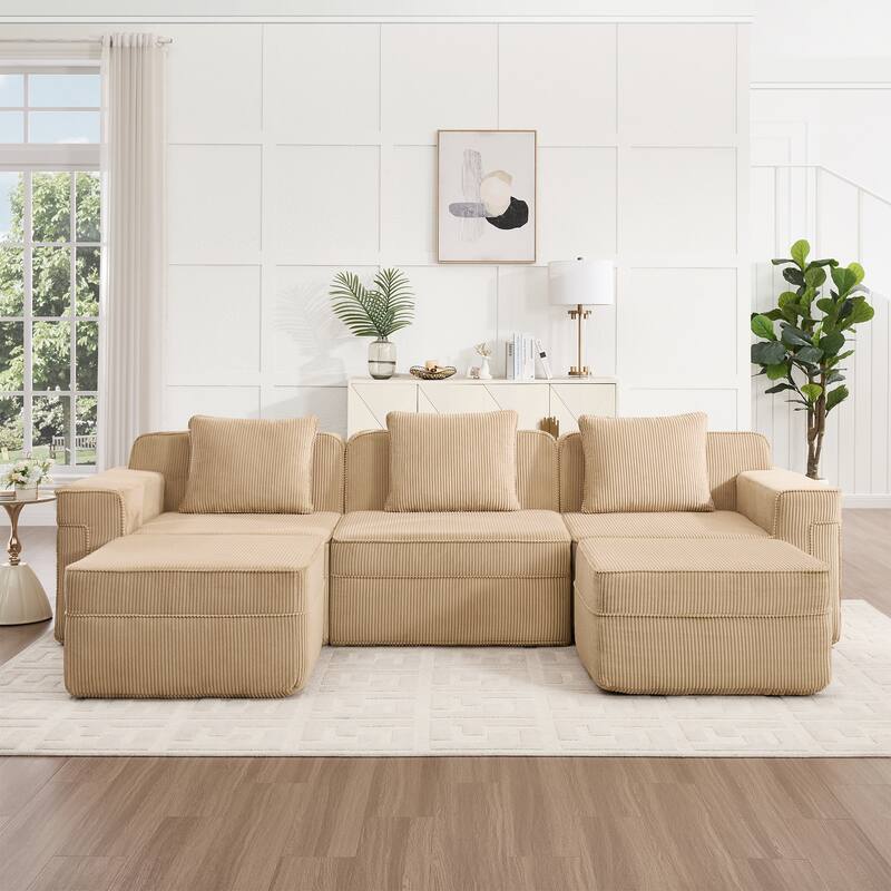 GDFStudio - Corduroy Modular 3-Seater 117.3" U-Shaped Boneless Cloud Sofa with 2 Ottomans