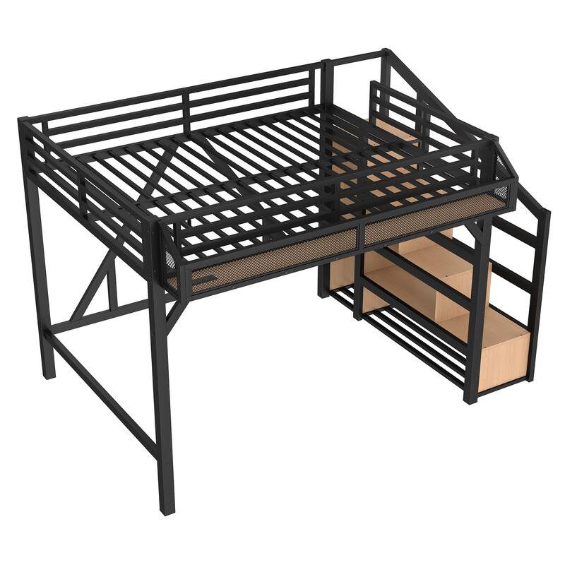 Full Loft Bed with Storage Stairs, Shelves and Built-in Wardrobe, Metal Loft Bed Frame with USB Ports and LED Lights