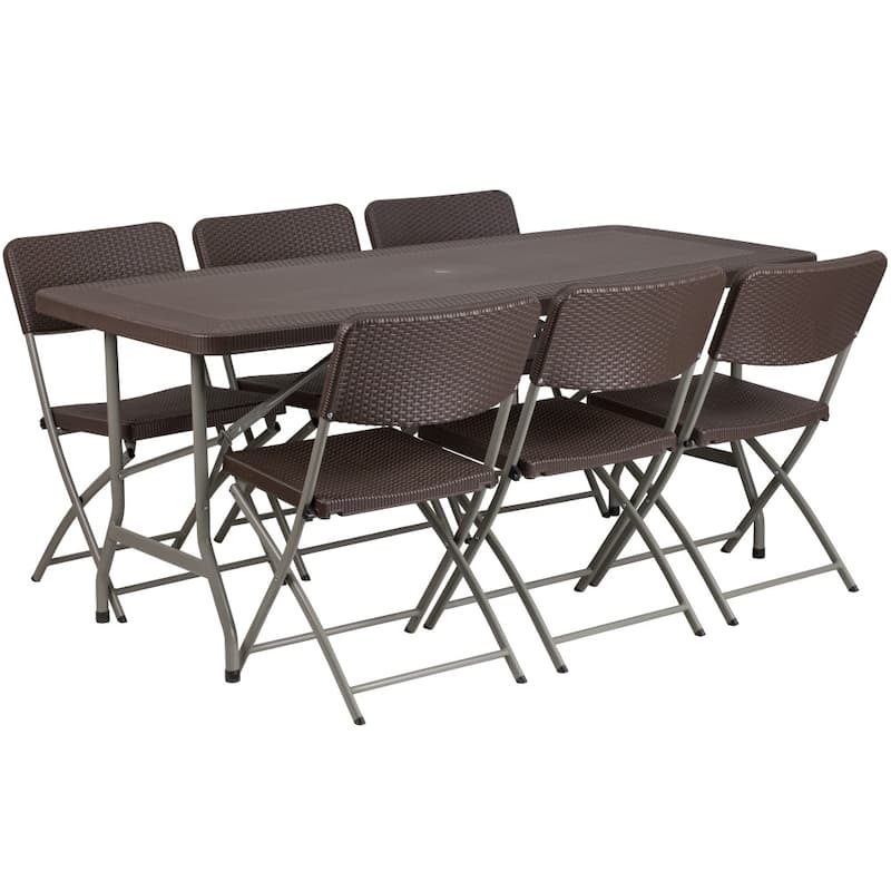 5.62-Foot Rattan Indoor-Outdoor Plastic Folding Table Set with 6 Chairs - Brown