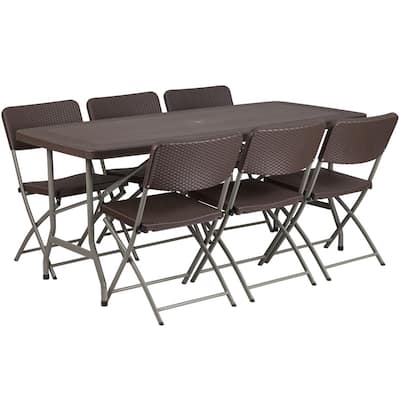 5.62-Foot Rattan Indoor-Outdoor Plastic Folding Table Set with 6 Chairs