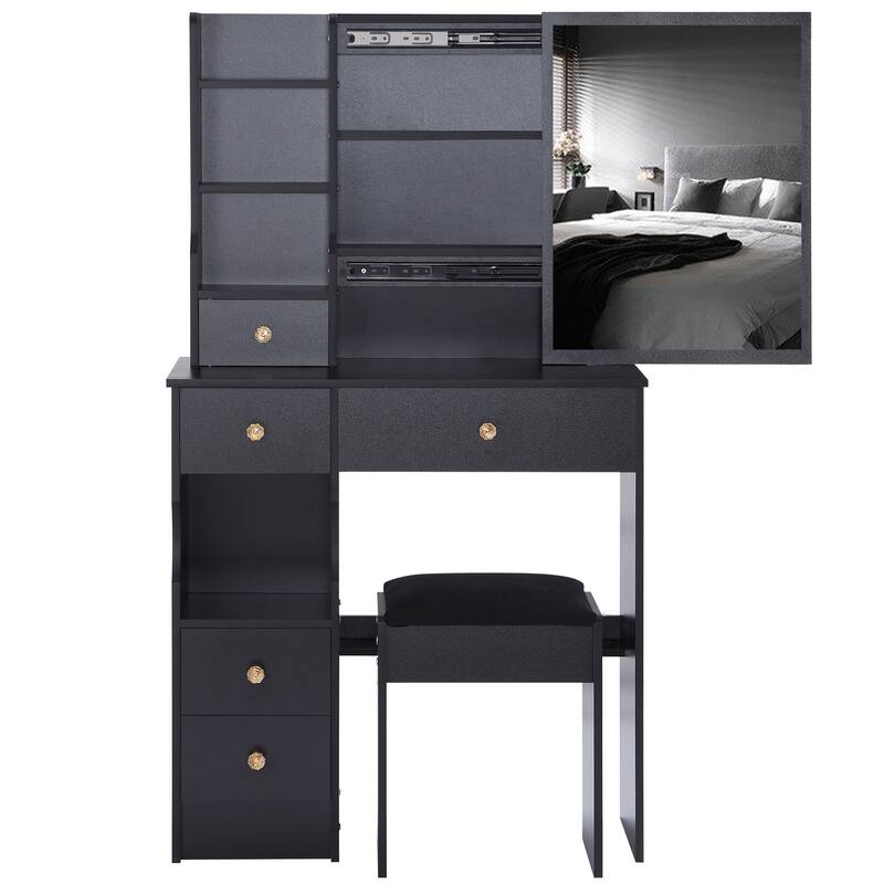 Vanity Desk with Sliding Mirror, Makeup Table with Drawer and Multi Layer Storage Rack, Vanity Set with Cushioned Stool - Black