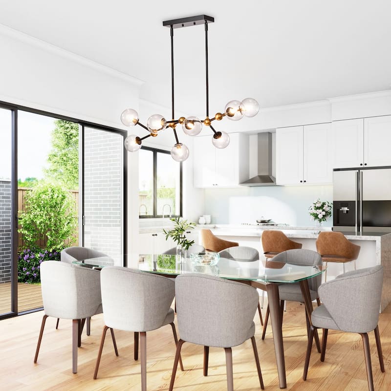 Enzo Matte Black+Gold 8-Light Metal Abstract Chandelier w/ Clear Glass Globe Shades