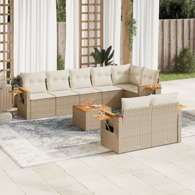 vidaXL Patio Sofa Set with Cushions Outdoor Conversation Furniture Poly Rattan - Beige and cream with table - 33.5 x 122.8 x 27.2 in