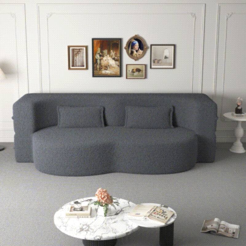 Modern Convertible Teddy Fabric Foam-Filled Sleeper Sofa Bed with 2 Pillows