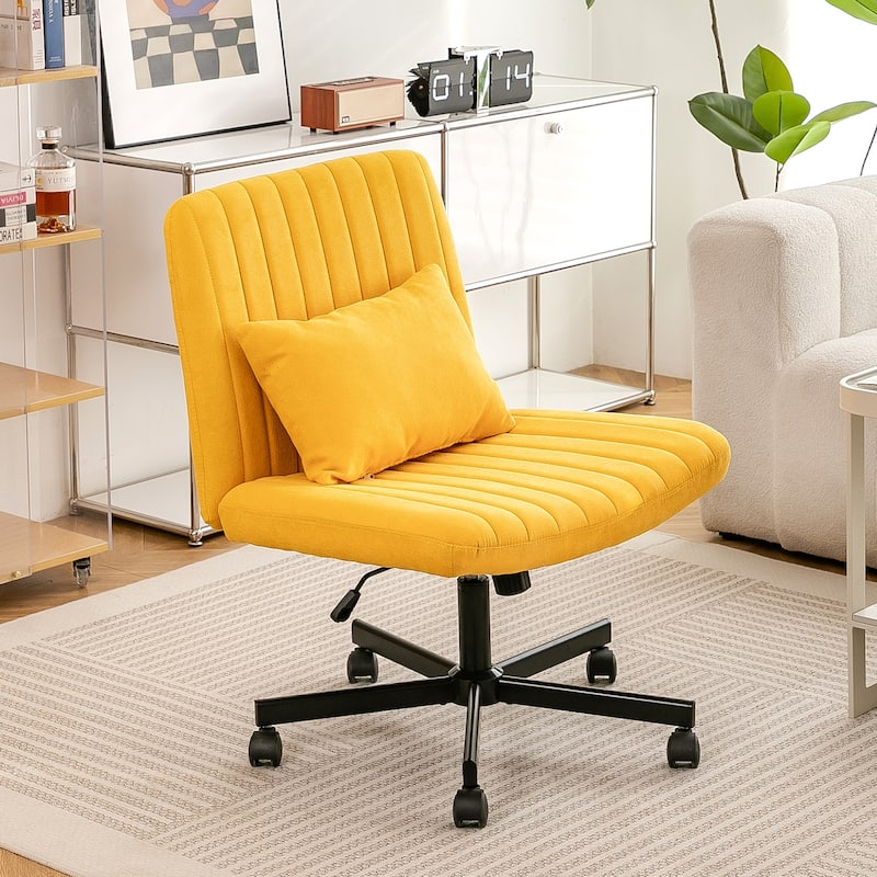 Criss Cross Chair with Wheels, Adjustable Armless Swivel Rolling Chair, Linen Upholstered Office Chair with Lumbar Pillow