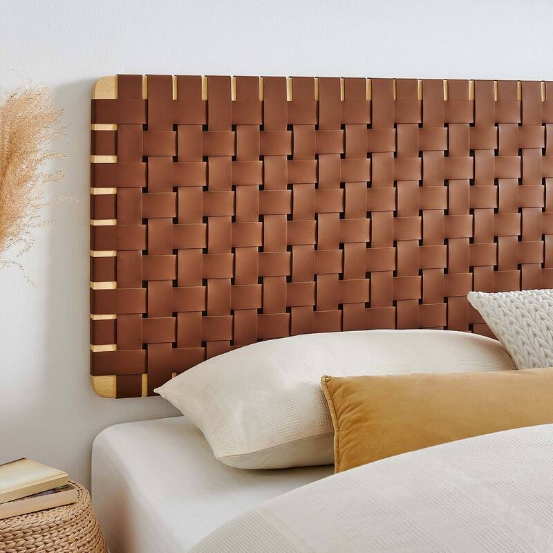 Ditmas Solid Wooden Brown Leather Basket Weaved Floating King Size Headboard