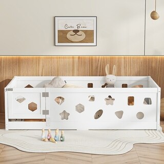 Solid Wood Floor Bed Frame with Heightened Safety Guardrails and Door
