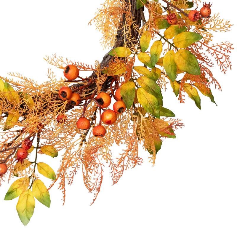 Yellow Orange Berry Leaves Fall Harvest Artificial Wreath 24-Inch