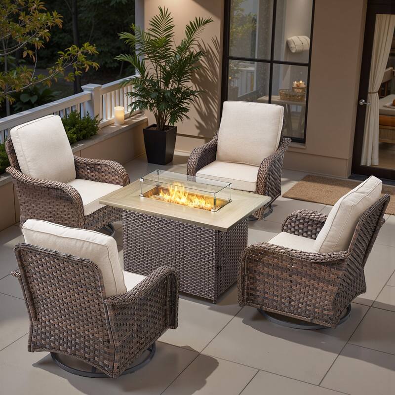 Pocassy Patio Funiture Sofa Swivel Chairs Ottoman with Fire Table Set - Beige Cushion - Brown Wicker - 5-Piece Swivel Chair with Fire Pit Table