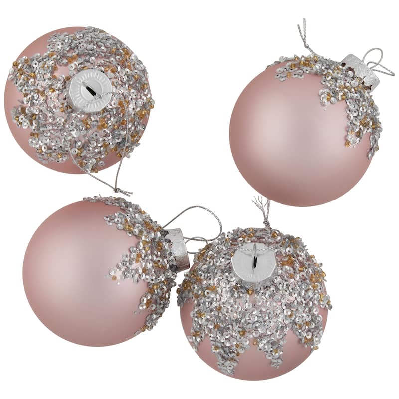 4ct Pink Beaded Sequined Glass Ball Christmas Ornament Set 2.75"