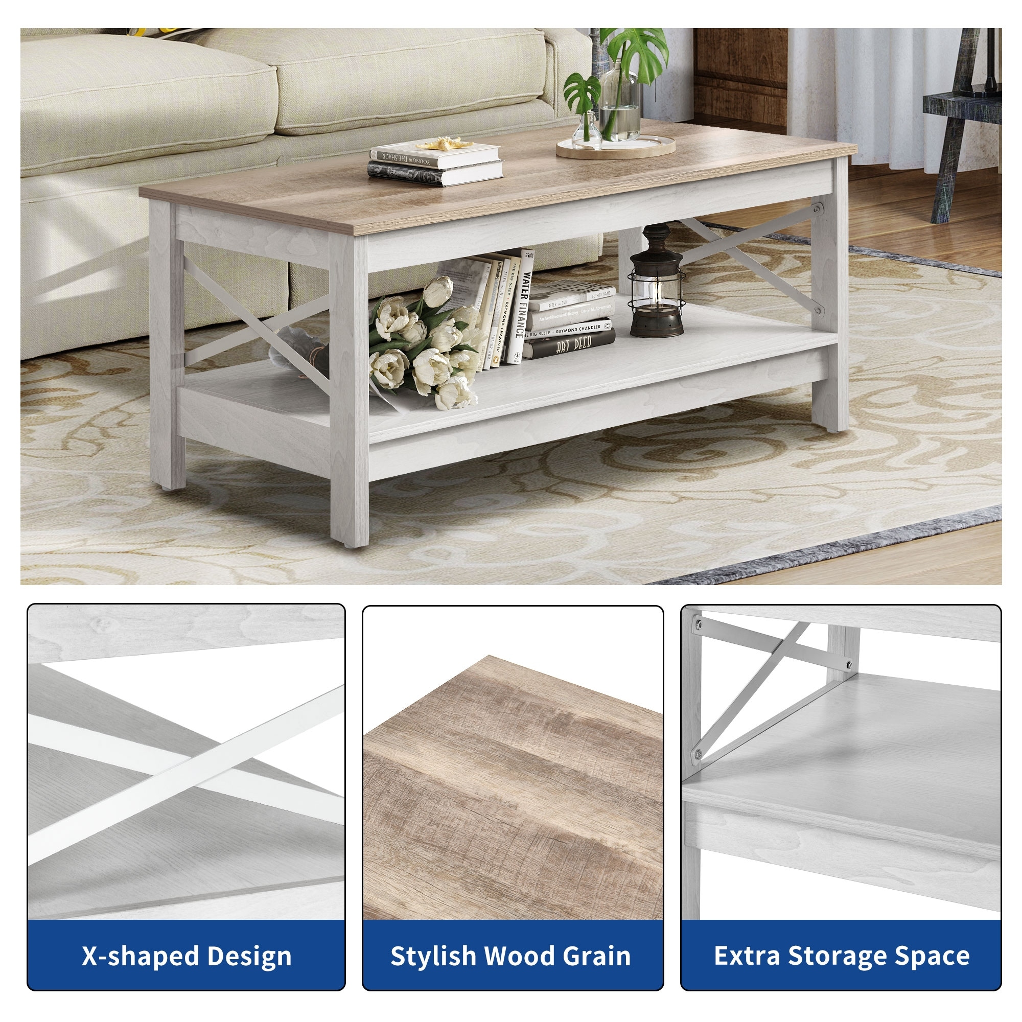 Farmhouse Coffee Table with Storage 2-Tier Center Table for Living Room