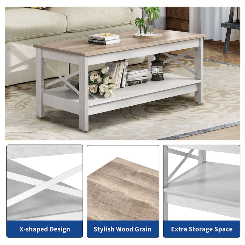 Farmhouse Wood Accent Coffee Table with Large Storage Shelf