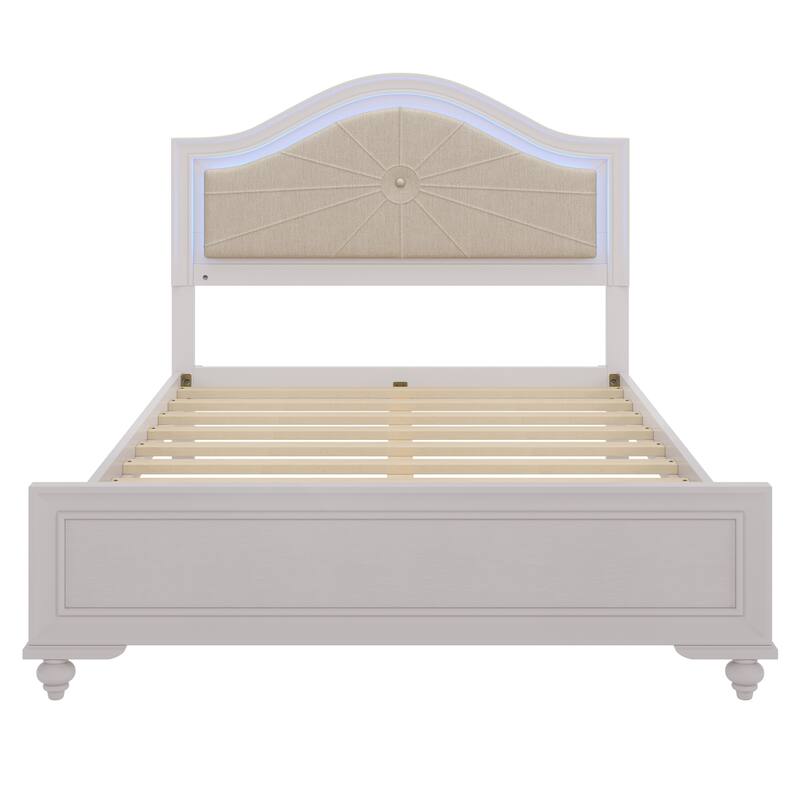 Roomfitters Full/Queen Size Wood Bed, Lighted Curved Headboard, Upholstered Frame, No Box Spring, Cream Grey