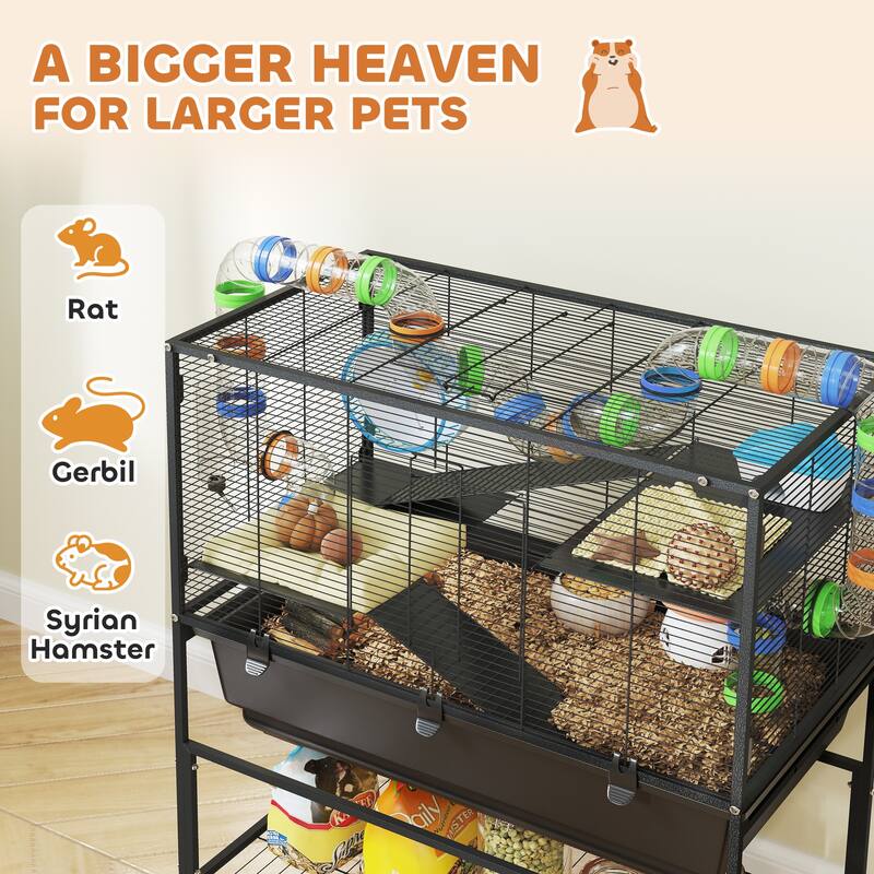 Three-Tier Hamster Tank with Wheels, Storage Shelf and Accessories - 32.3" L x 17.7" W x 41.9" H