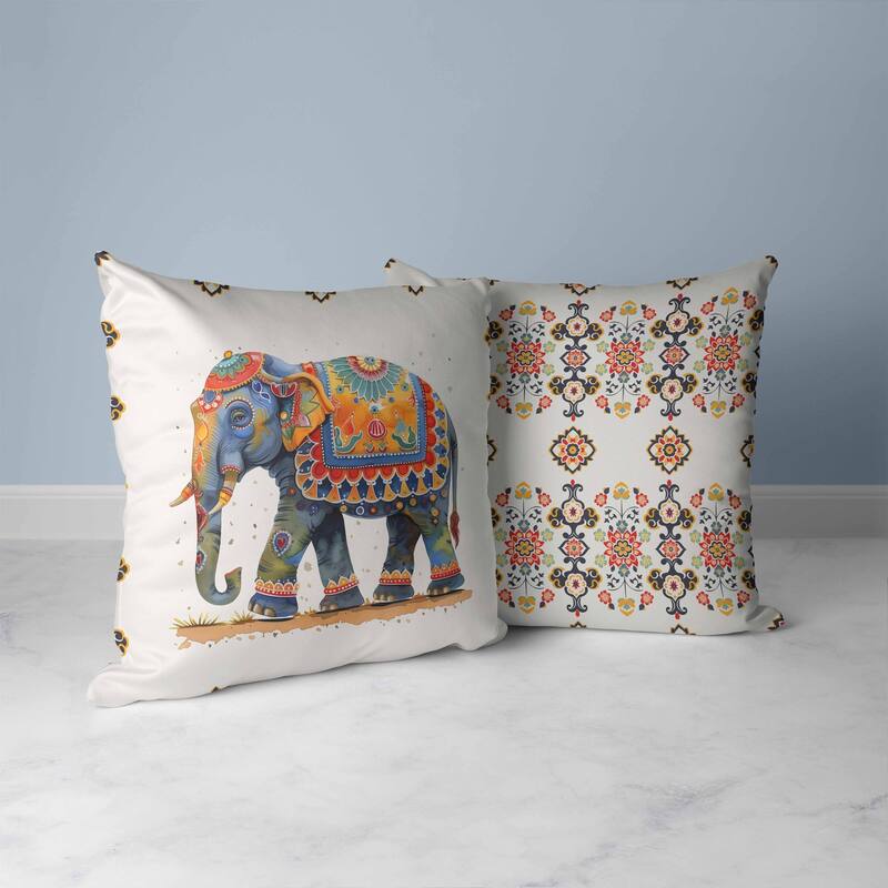 Decorated Elephant Faux Suede Reversible Throw Pillow Beige and Blue