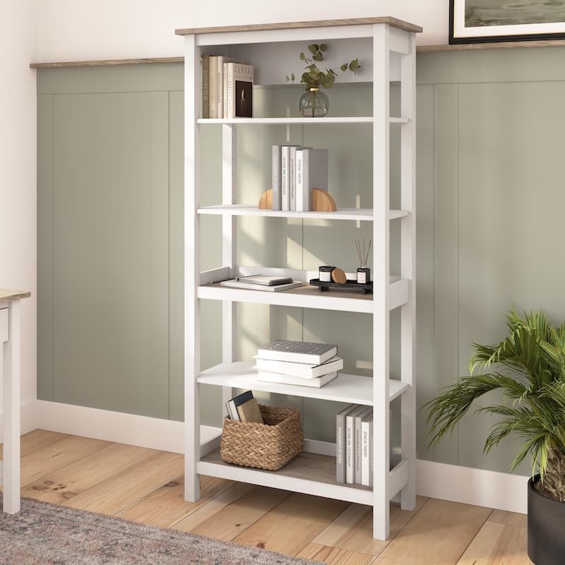 Bush Furniture Mayfield Tall 5 Shelf Bookcase with Adjustable Shelves - Shiplap Gray/Pure White