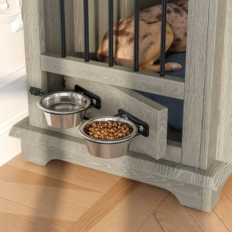 2 Doors Decorative Pet Cage Dog House with 2 Storage Drawers and Rotating Bowls, Wooden Large Dog Crate Furniture