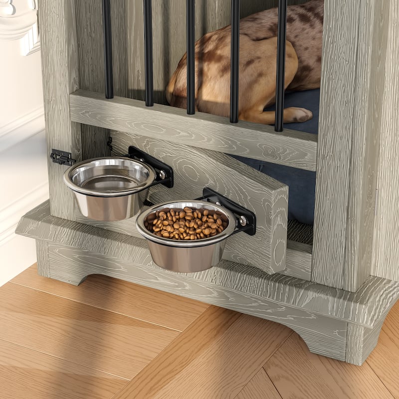 Rossetta 4-Lock Large Indoor Wooden Dog Chew-Resistant Build Dog Crate Furniture with Storage Drawers, Rotatable Dog Bowls